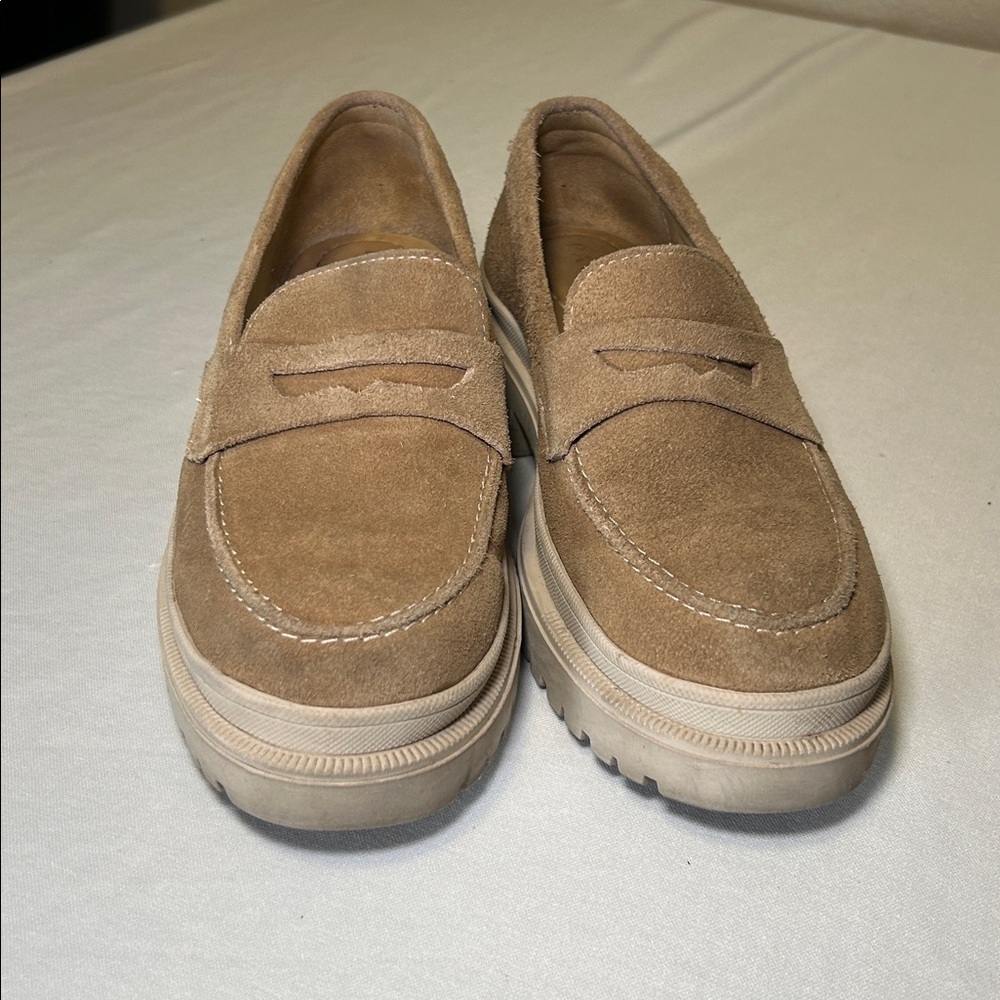 Patina Zoe Suede Slip On Platform Loafers Chunky Tan Round Toe Size 8.5 - Picture 11 of 16
